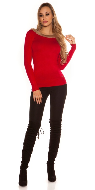 Back! finednitted jumper with fake fell Red